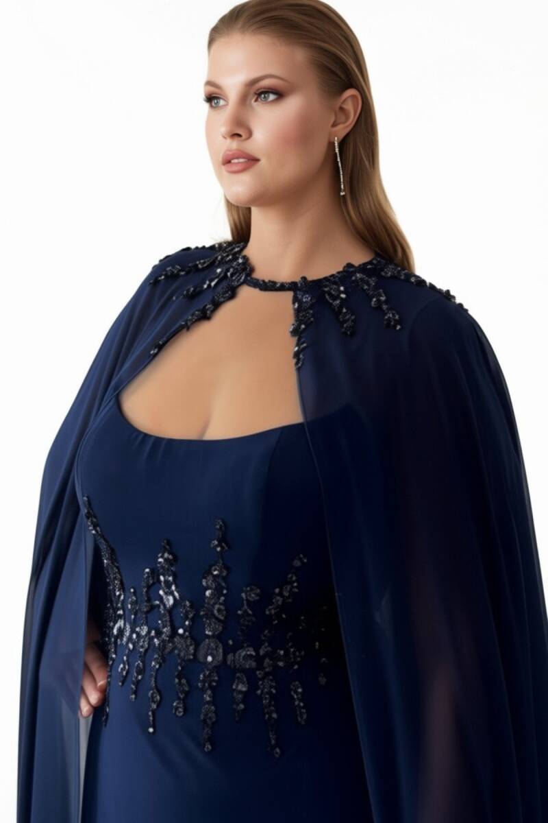 Lacivert Omuz Pelerinli Bel İşlemeli Şifon Büyük Beden Abiye Elbise 89 - 2