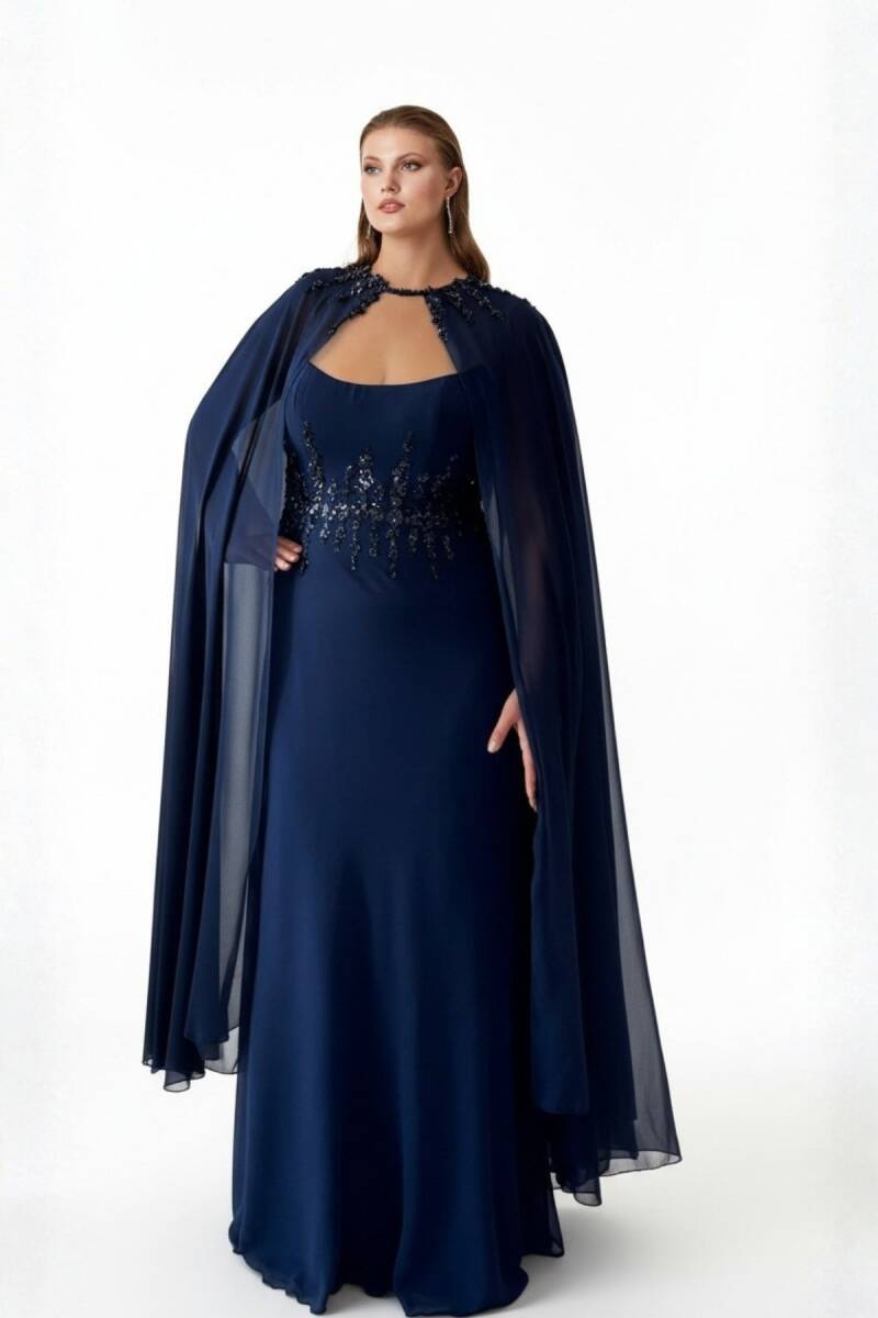 Lacivert Omuz Pelerinli Bel İşlemeli Şifon Büyük Beden Abiye Elbise 89 - 3