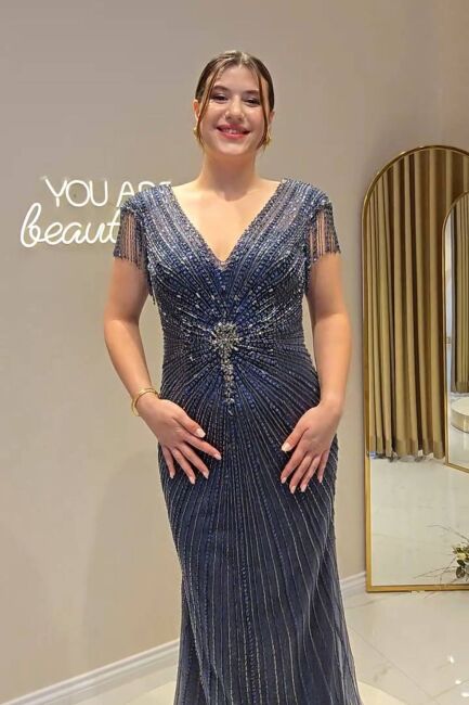 Lacivert Ön Arka V Kalın Askı Sarkancalı İşlemeli İthal Abiye Elbise 35 - 2