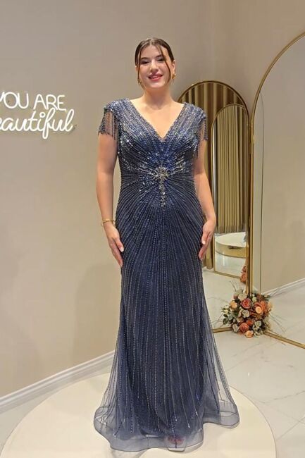 Lacivert Ön Arka V Kalın Askı Sarkancalı İşlemeli İthal Abiye Elbise 35 - ERENTÜL