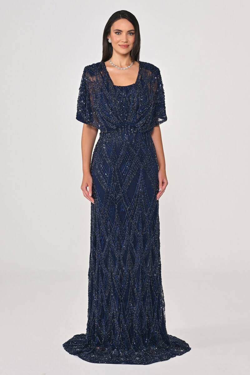 Lacivert Şal Kol Boncuklu Payetli Büyük Beden Abiye 48 - 1