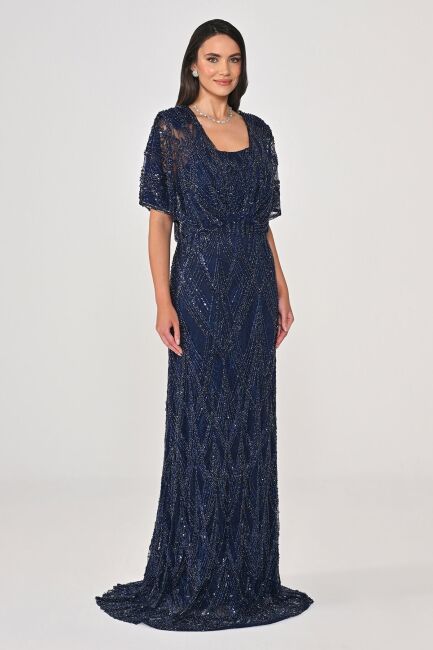 Lacivert Şal Kol Boncuklu Payetli Büyük Beden Abiye 48 - 3