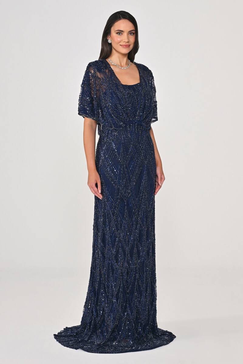 Lacivert Şal Kol Boncuklu Payetli Büyük Beden Abiye 48 - 3