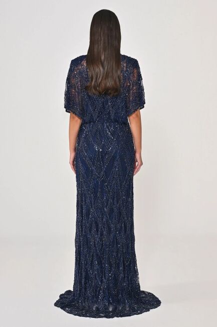 Lacivert Şal Kol Boncuklu Payetli Büyük Beden Abiye 48 - 4