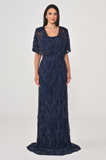 Lacivert Şal Kol Boncuklu Payetli Büyük Beden Abiye 48 - ALFABETA