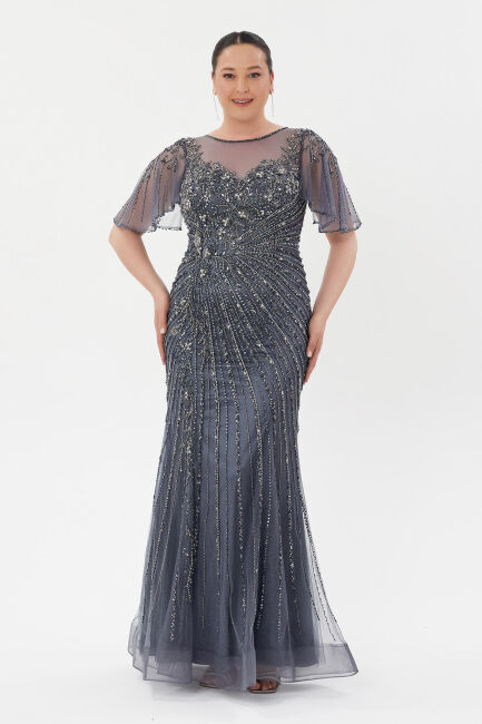 Lacivert Sıfır Yaka Kısa Kol İşlemelii İthal Abiye Elbise 17 - ERENTÜL