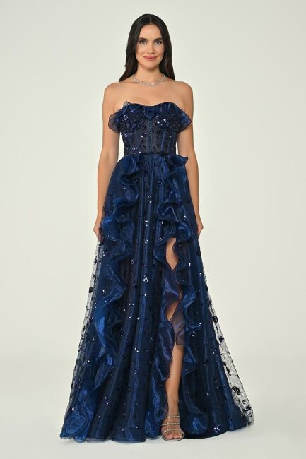 Lacivert Straplez Büstiyerli İçi Mini Payetli Volanlı Abiye Elbise 31 - ALFABETA