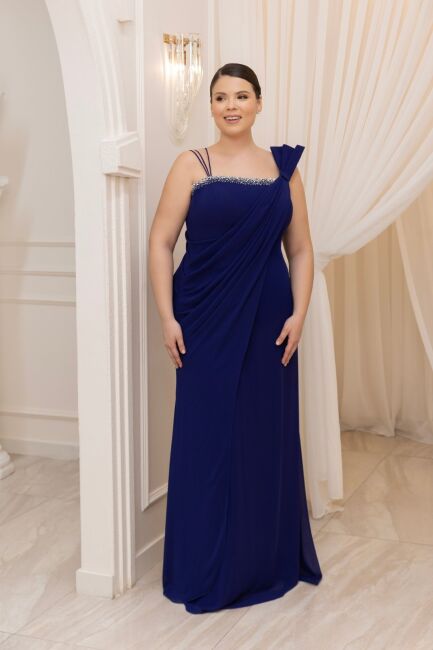 Lacivert Tek Omuz Göğüsü Taşlı Helenistik Büyük Beden Abiye 65 - ŞEREF VURAL