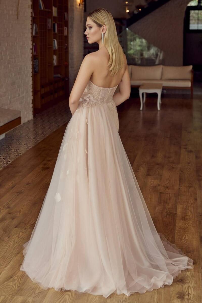 Latte Asimetrik Sivri Yaka Yandan Kuyruklu Abiye Elbise 98 - 4