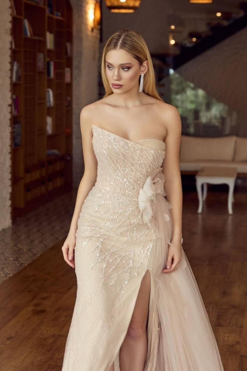 Latte Asimetrik Sivri Yaka Yandan Kuyruklu Abiye Elbise 98 - 2