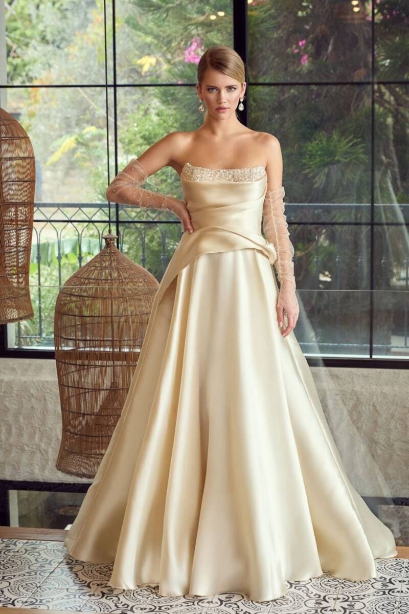 Latte Straplez Korsajlı Taş İşlemeli Balık Abiye Elbise 96 - 1