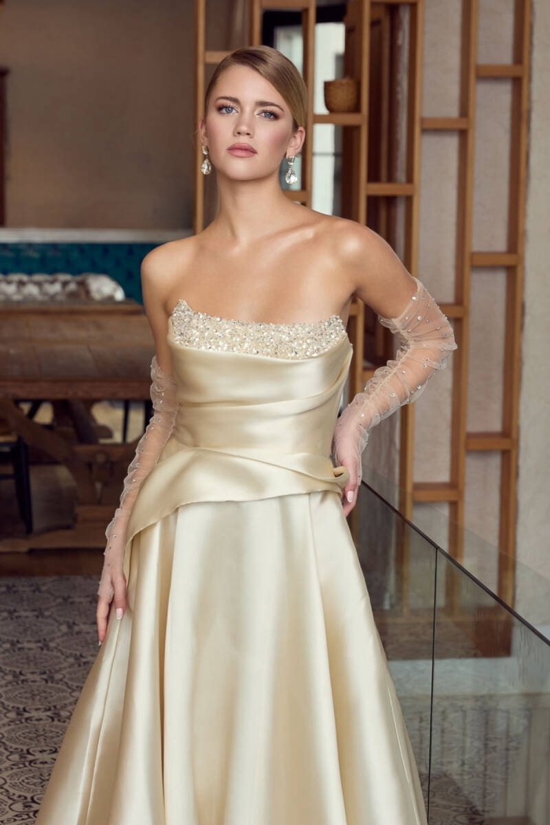 Latte Straplez Korsajlı Taş İşlemeli Balık Abiye Elbise 96 - 2