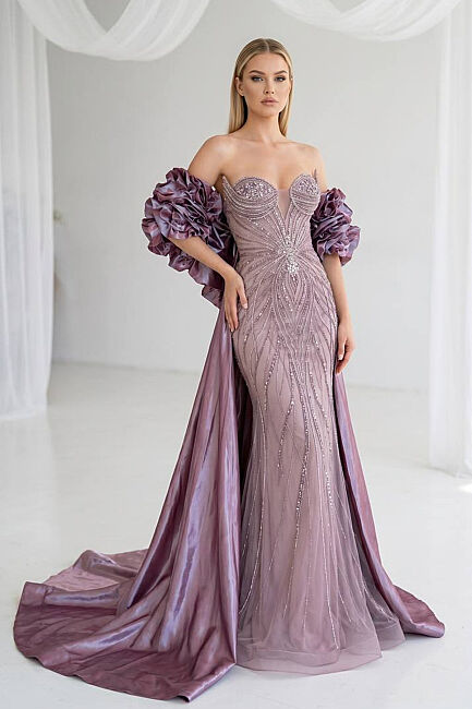 Lavanta Straplez Duble Yaka Güllü Pelerinli Abiye Elbise 46 - DRESSİNG ROOM