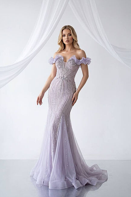 Lavanta Volanlı Kayık Yaka Taşlı Balık Abiye Elbise 50 - DRESSİNG ROOM