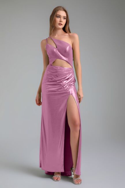 Lavender single shoulder waist low -cut draped bright fabric evening dress 07 - 2