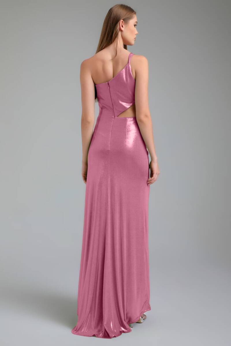Lavender single shoulder waist low -cut draped bright fabric evening dress 07 - 3
