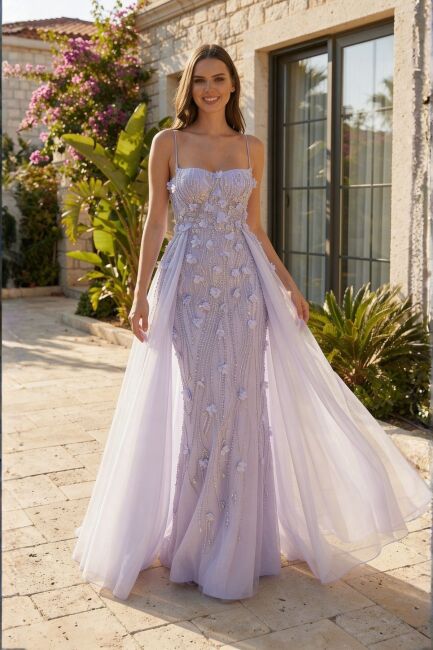 Leylak İp Askılı Üç Boyut Çiçekli Balık Abiye elbise 14 - 1