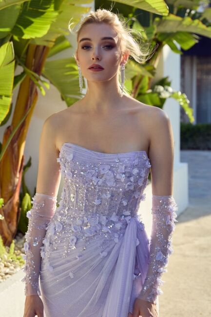 Leylak Straplez Göğüs Drapeli Üç Boyutlu Çiçekli Abiye Elbise 34 - 3