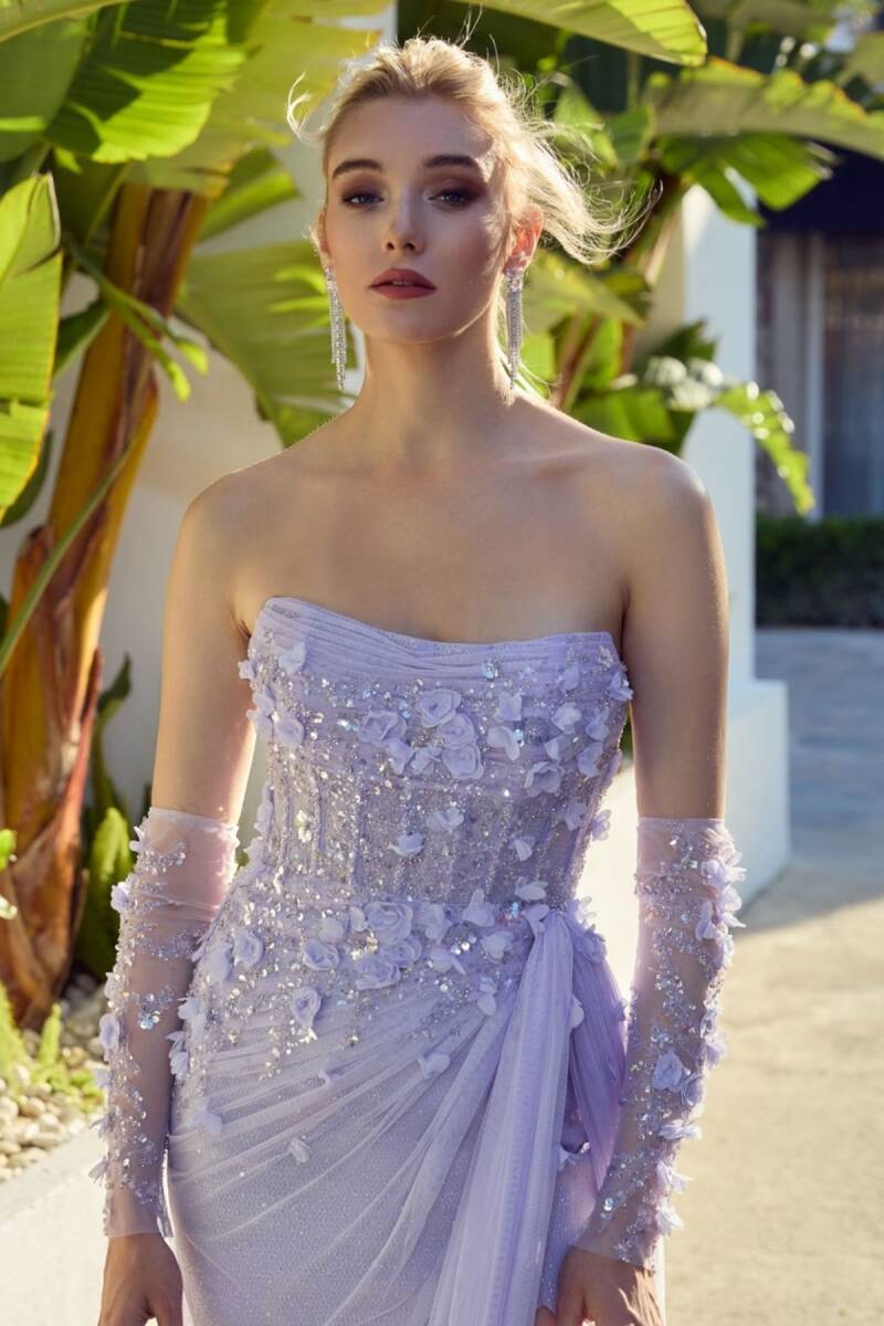 Leylak Straplez Göğüs Drapeli Üç Boyutlu Çiçekli Abiye Elbise 34 - 3