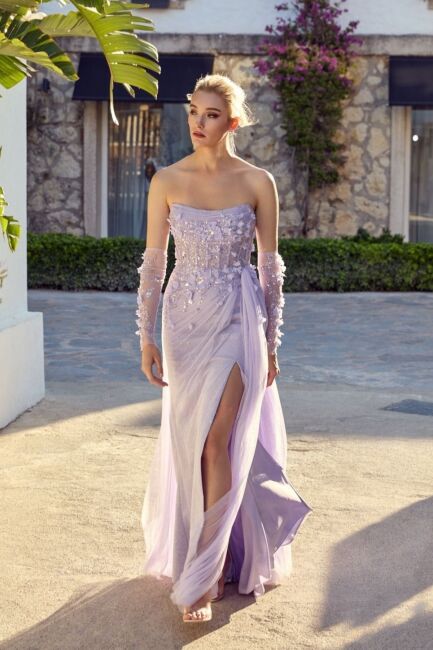 Leylak Straplez Göğüs Drapeli Üç Boyutlu Çiçekli Abiye Elbise 34 - 2