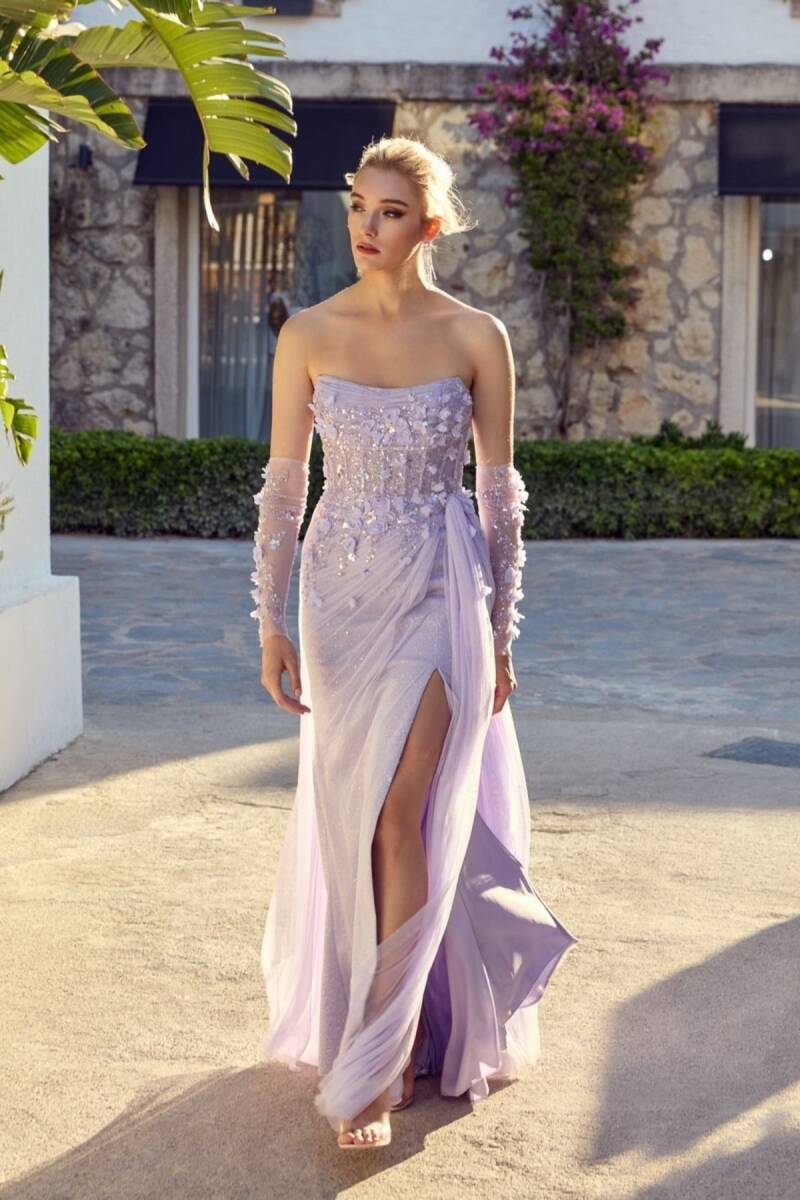 Leylak Straplez Göğüs Drapeli Üç Boyutlu Çiçekli Abiye Elbise 34 - 2