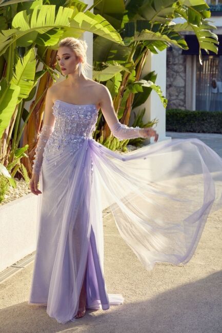 Leylak Straplez Göğüs Drapeli Üç Boyutlu Çiçekli Abiye Elbise 34 - ÖMÜR İNN