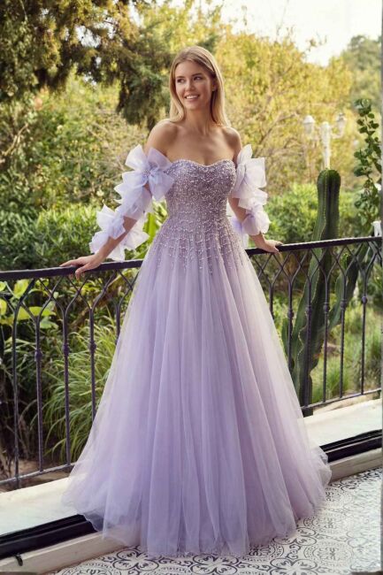 Leylak Straplez Pelerinli Beden İşlemeli Yırtmaçlı Eteği Tül Abiye Elbise 44 - 1