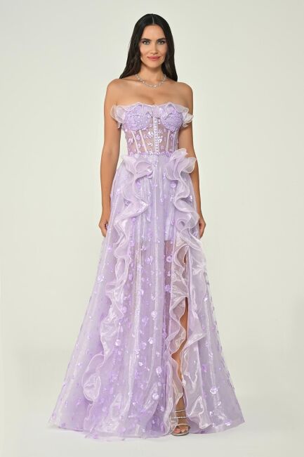 Lila Straplez Büstiyerli İçi Mini Payetli Volanlı Abiye Elbise 31 - ALFABETA