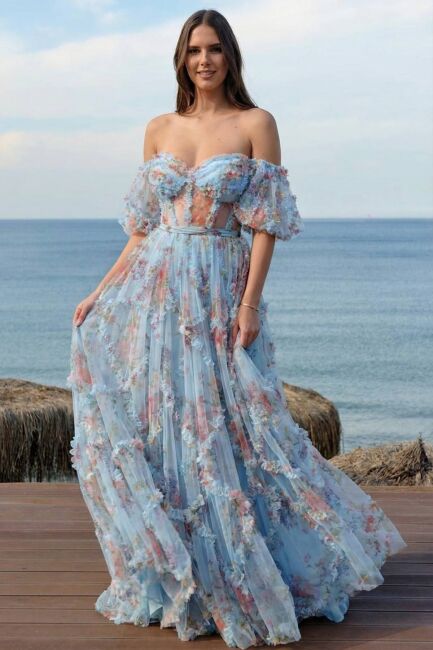 Mavi Balon Kol Büstiyerli Desenli Tül Abiye Elbise 40P - SERABELLA