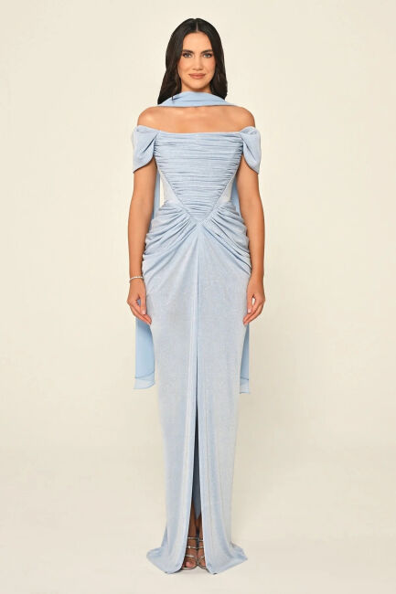 Mavi Düşük Kol Drapeli Şallı Parlak Kumaş Abiye Elbise 00 - ALFABETA