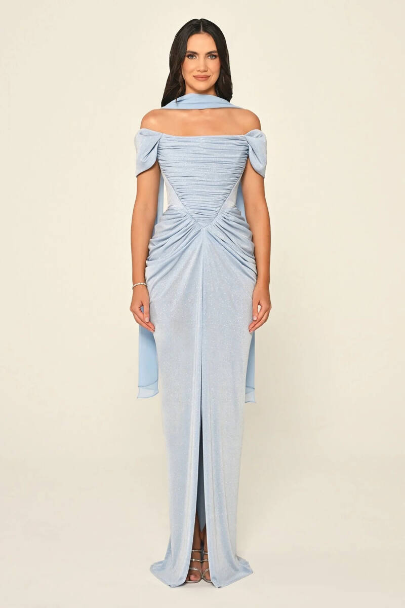 Mavi Düşük Kol Drapeli Şallı Parlak Kumaş Abiye Elbise 00 - 1