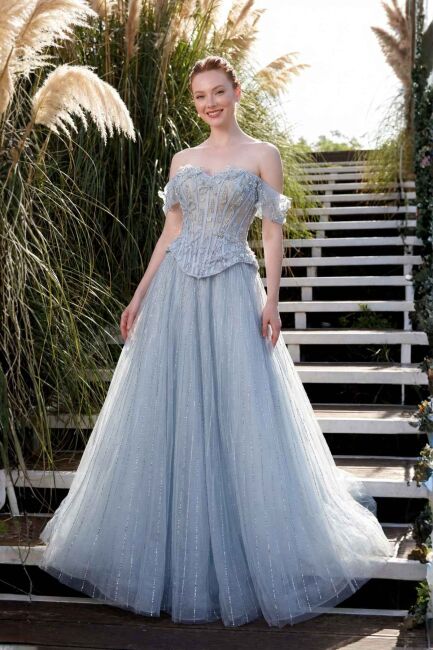 Mavi Düşük Kol Korsaşlı Kloş Taşlı İthal Abiye Elbise 24 - SERABELLA