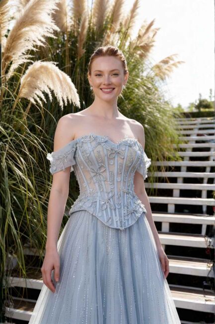 Mavi Düşük Kol Korsaşlı Kloş Taşlı İthal Abiye Elbise 24 - 2