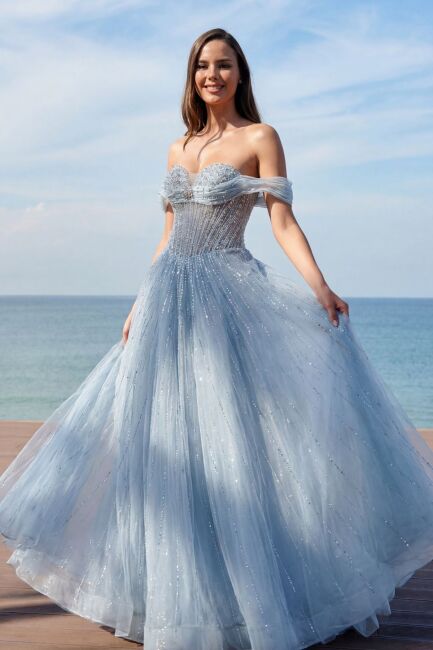 Mavi Öpücük Yaka Düşük Kol İthal Abiye Elbise 13 