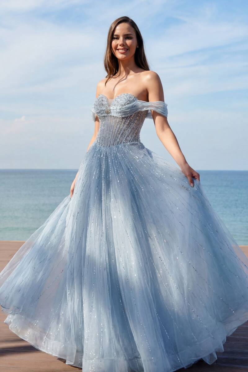 Mavi Öpücük Yaka Düşük Kol İthal Abiye Elbise 13 - 1