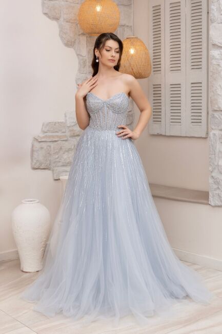 Mavi Straplez Pelerinli Taşlı İthal Abiye Elbise 63 - SERABELLA