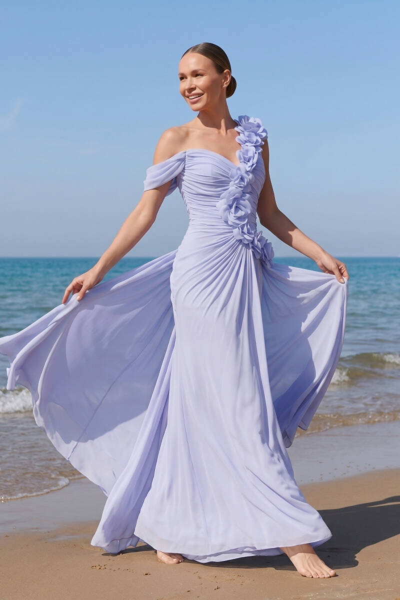 Mavi Tek Omuz Düşük Kol Drapeli Güllü Şifon Abiye Elbise 96 - 2