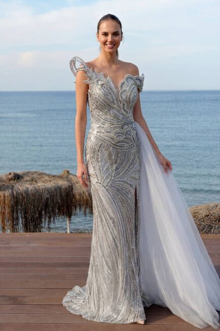 Mavi Tek Omuz Düşük Kollu Yan Kuyruklu Yırtmaçlı Balık Abiye Elbise 04 - 1