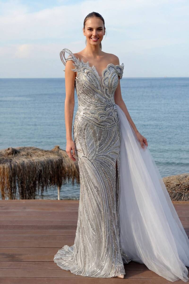 Mavi Tek Omuz Düşük Kollu Yan Kuyruklu Yırtmaçlı Balık Abiye Elbise 04 - 1