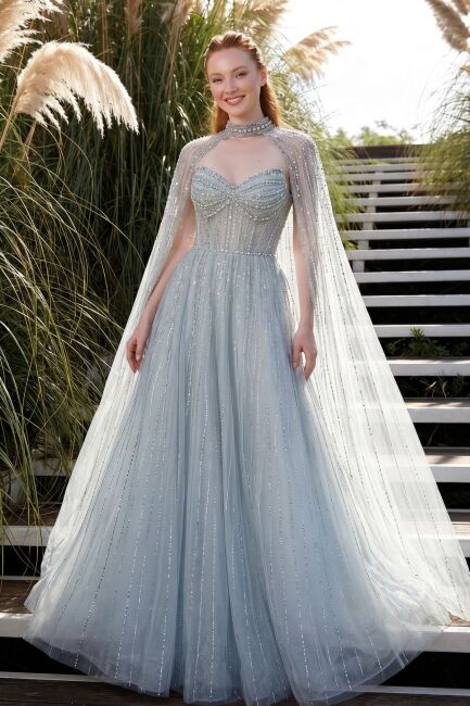 Mint Sivri Yaka Pelerinli Kloş Taşlı İthal Abiye Elbise 78 - SERABELLA