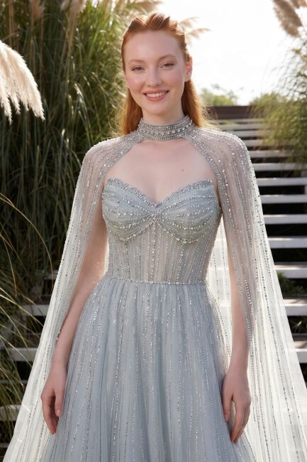 Mint Sivri Yaka Pelerinli Kloş Taşlı İthal Abiye Elbise 78 - 2