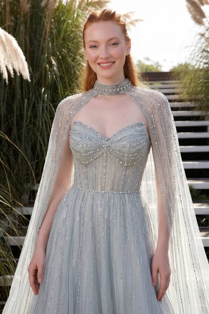 Mint Sivri Yaka Pelerinli Kloş Taşlı İthal Abiye Elbise 78 - 2