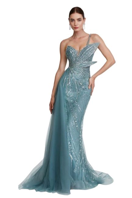 Mint Pointed Collar Single Strap Fishnet Imported Evening Dress 09 - 1