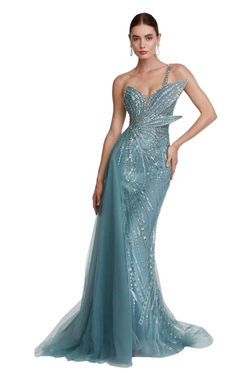 Mint Pointed Collar Single Strap Fishnet Imported Evening Dress 09 - 1