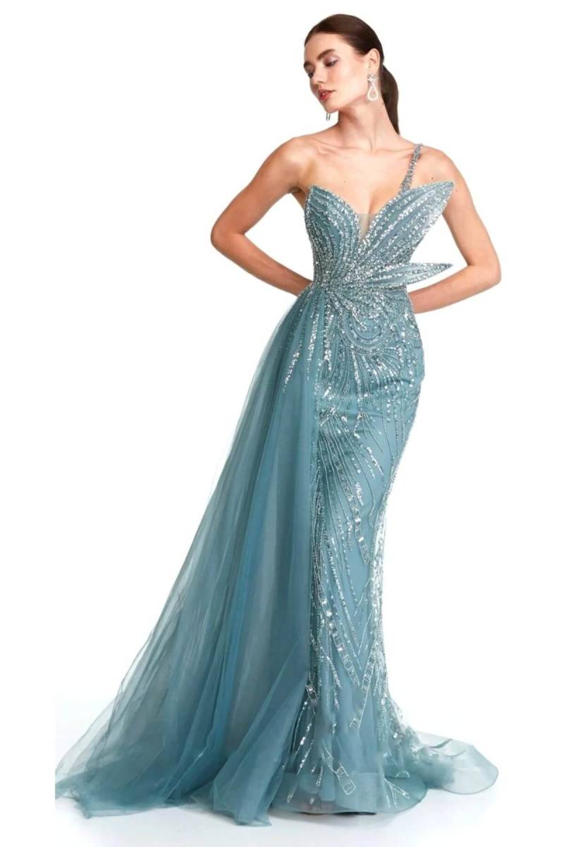 Mint Pointed Collar Single Strap Fishnet Imported Evening Dress 09 - 2