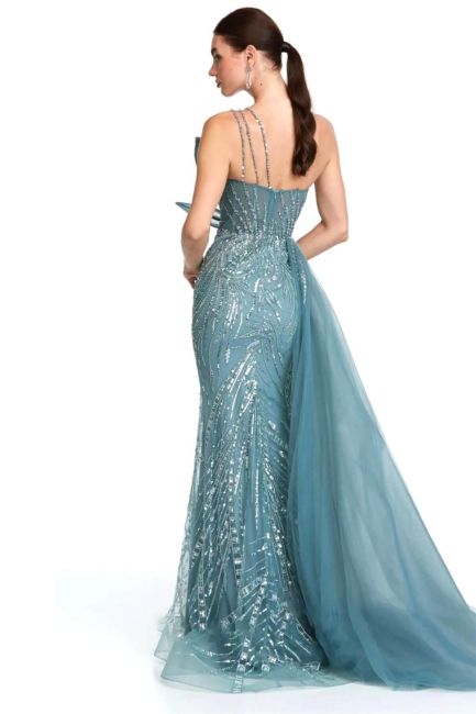 Mint Pointed Collar Single Strap Fishnet Imported Evening Dress 09 - 3