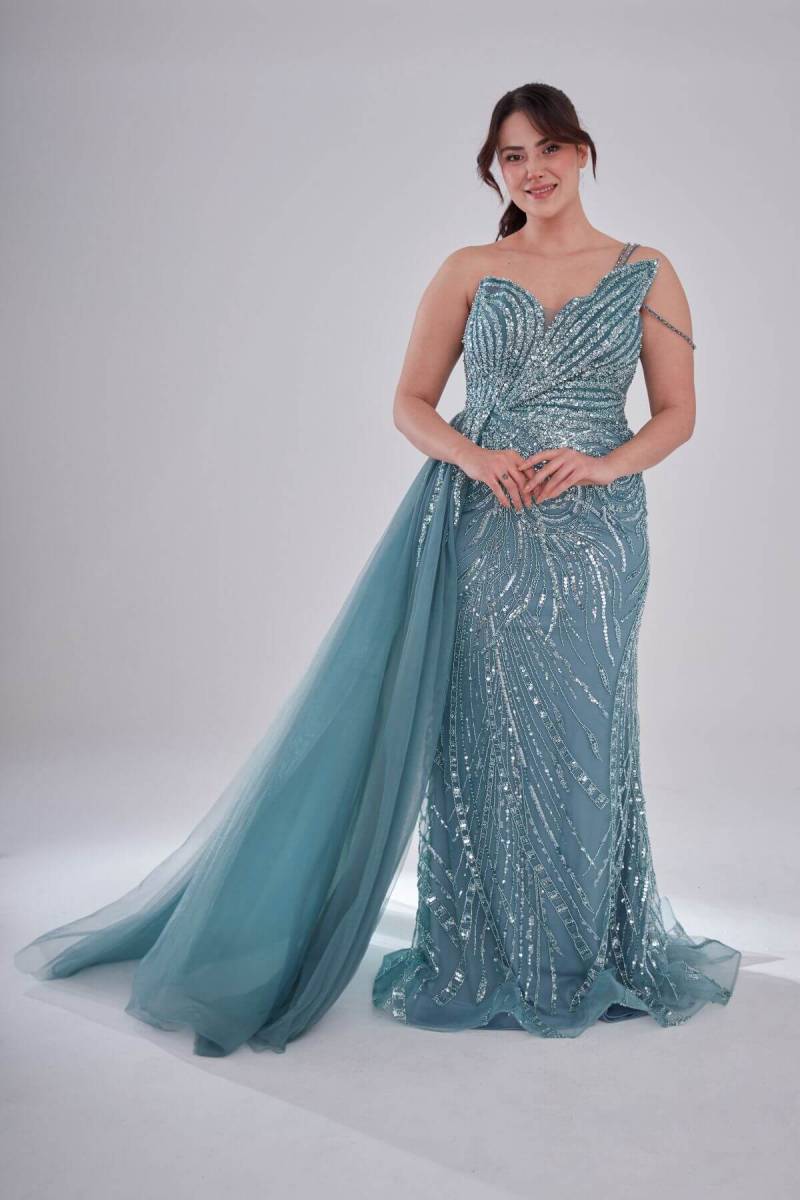 Mint Pointed Collar Single Strap Fishnet Imported Evening Dress 09 - 4