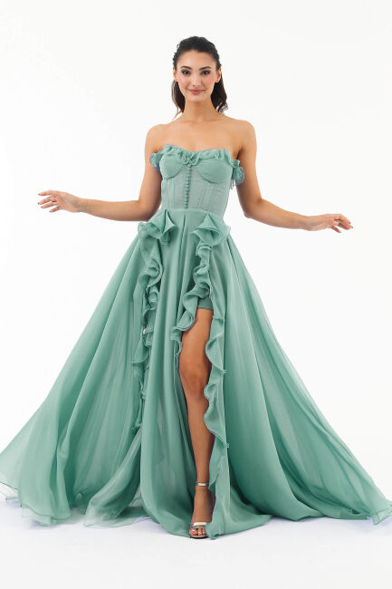 Mint Strapless Bustier Evening Dress with Mini Flounce Inside 82 