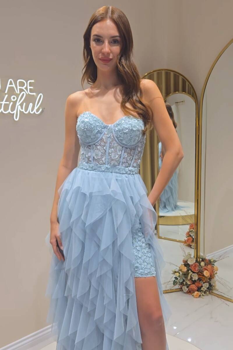 Mint Straplez İşlemeli Büstiyerli Fırfırlı Tül Abiye Elbise 56 - 2