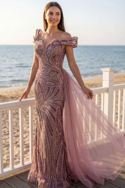 Mor Tek Omuz Düşük Kollu Yan Kuyruklu Yırtmaçlı Balık Abiye Elbise 04 - SERABELLA